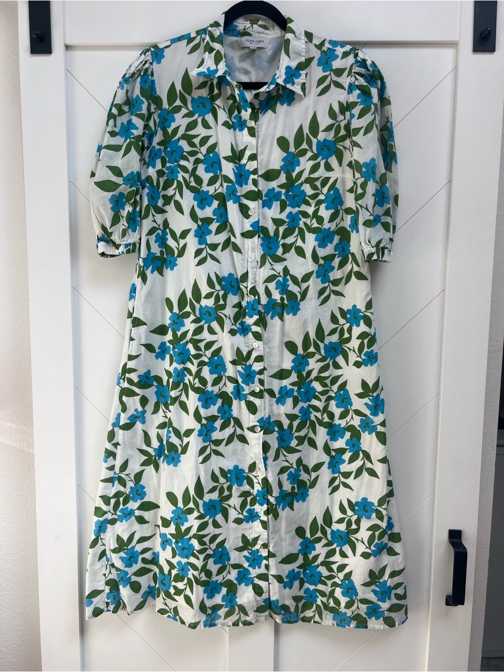 Olivia James coastal Button-Front Blue Floral Midi Dress with Short Sleeves